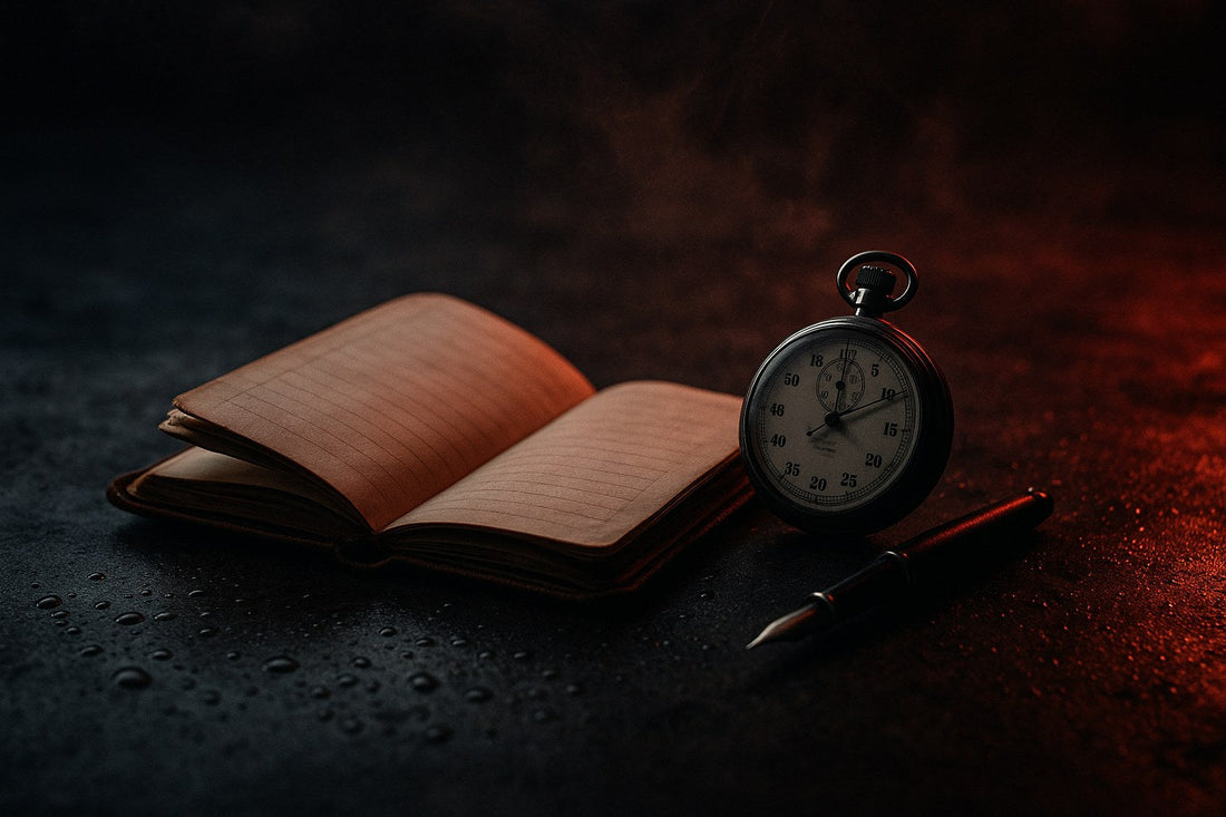 Morning protocol — training journal and stopwatch on dark stone at dawn