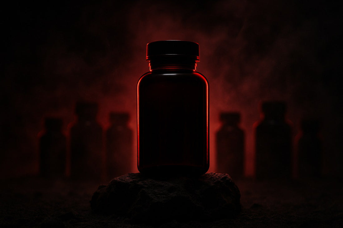 One bottle in foreground, scattered competitor bottles fading into shadow