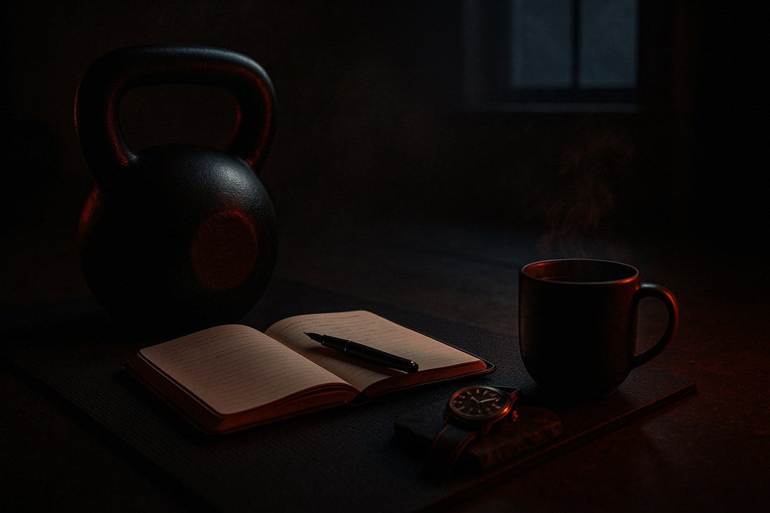 Pre-dawn training space — kettlebell, training journal, brass watch on dark volcanic stone, the morning a primed body wakes up to