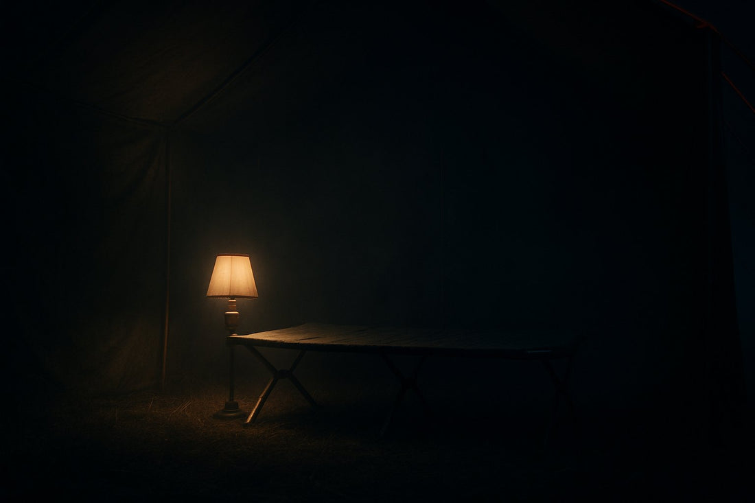 A single lamp beside a cot in a dark tent at night — Brookhaven Performance Journal