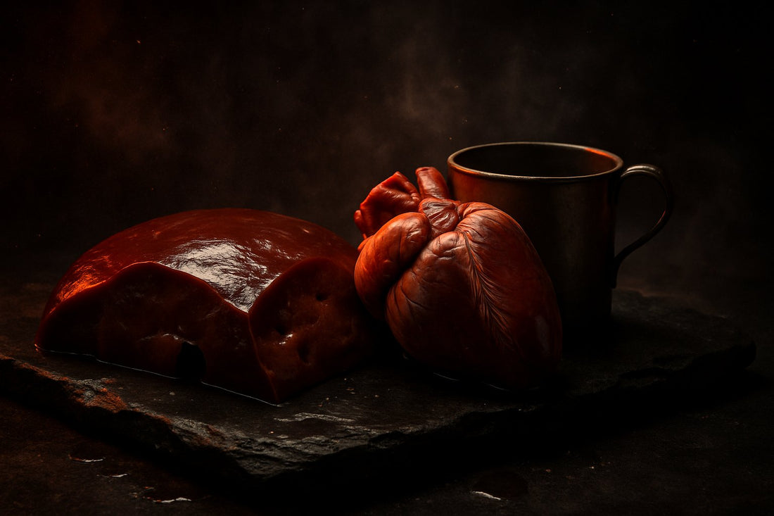 Raw organ meat on dark slate beside a tin cup — Brookhaven Performance Journal