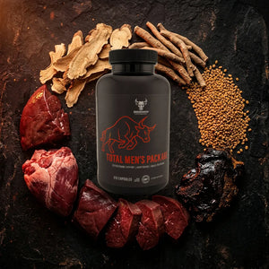 Total Men's Package bottle surrounded by grass-fed beef organs, tongkat ali and ashwagandha root, fenugreek seed and shilajit resin