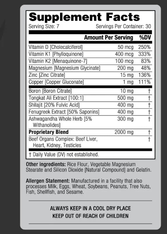 Total Men's Package Supplement Facts panel: 7-capsule serving, 30 servings; vitamin D3, K1, K2, magnesium, zinc, copper, boron, tongkat ali 500mg, shilajit 400mg, fenugreek 400mg, ashwagandha 300mg, and a 2000mg beef organ complex of liver, heart, kidney, and testicle